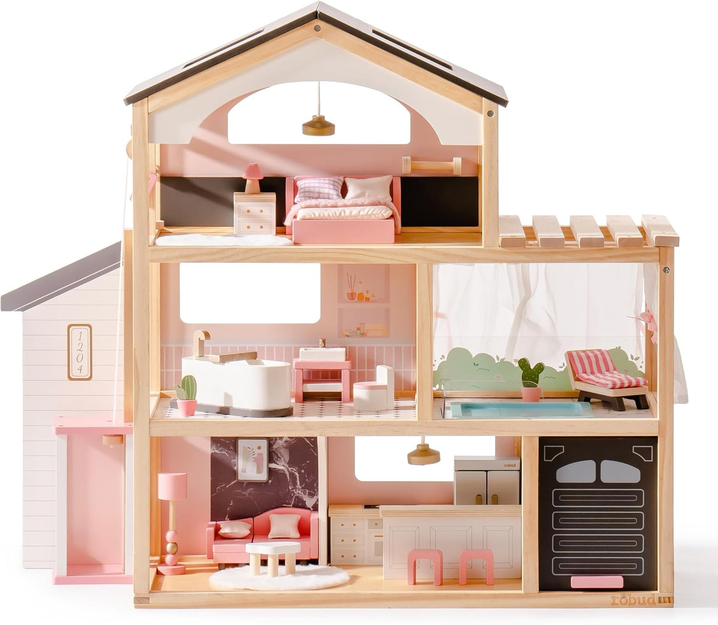 ROBUD Wooden Dollhouse, 6 Rooms Wooden Doll House with 29Pcs Furniture Set, Working Elevator, Garage, Swimming Pool, Ideal Gift for Kids Ages 3+ (Black)