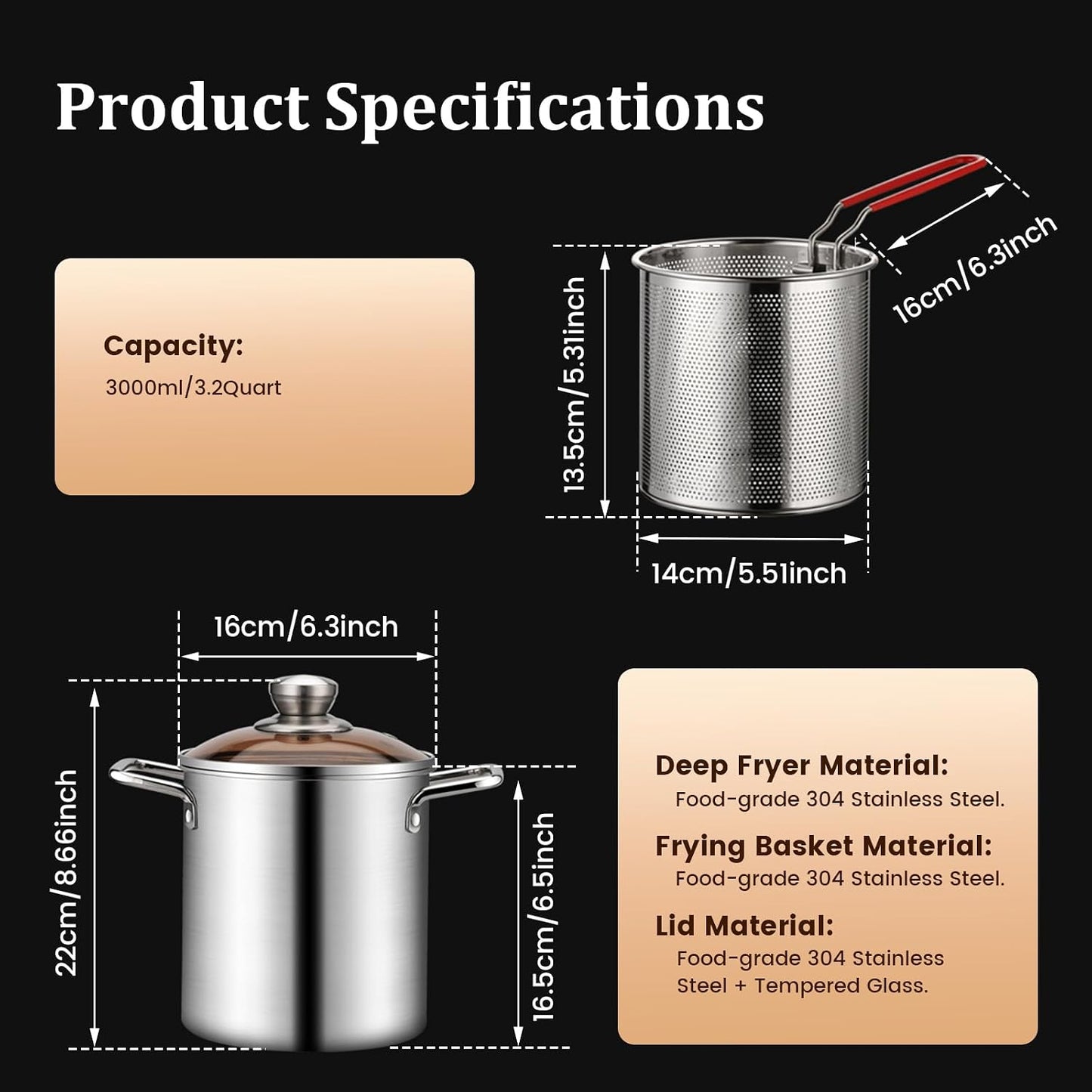 Deep Fryer Pot, 3.2QT 304 Stainless Steel Deep Fryer with Basket, Oil Strainer Pot Fish Fryers Outdoor Cooking Pot Deep Frying Pot w Strainer Basket and Handle for Frying Seafood Chicken French Fries