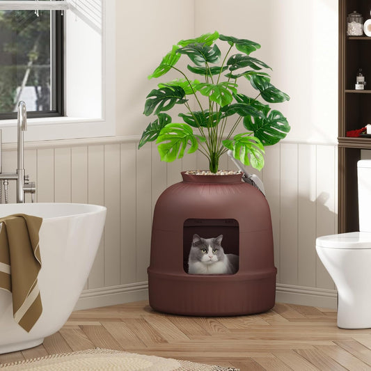 Lifewit Cat Litter Box, Litter Box with Faux Plant & Scoop, Cat Litter Box Enclosure in Living Room, Bedroom, Corner, Hidden Litter Box with Carbon Filter, Brown