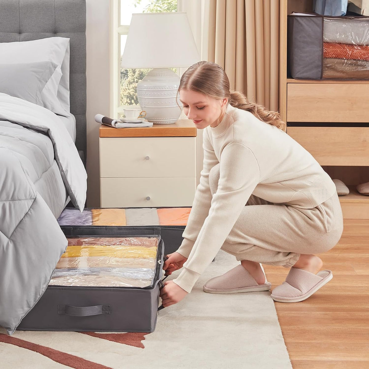 2 Pack 65L Under Bed Storage Bins, Foldable Closet Organizers and Storage Containers,Underbed Storage Bags with Reinforced Handle for Blanket,Clothing,Comforter, Sheets,Wrapping Paper, Grey
