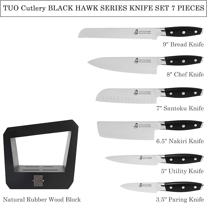 TUO Knife Block Set 7 Piece Kitchen Knife Set with Wooden Block, Chef Knife, Paring Knife Cooking Knife Pakkawood Handle - German HC Steel - Black Hawk Series with Gift Box