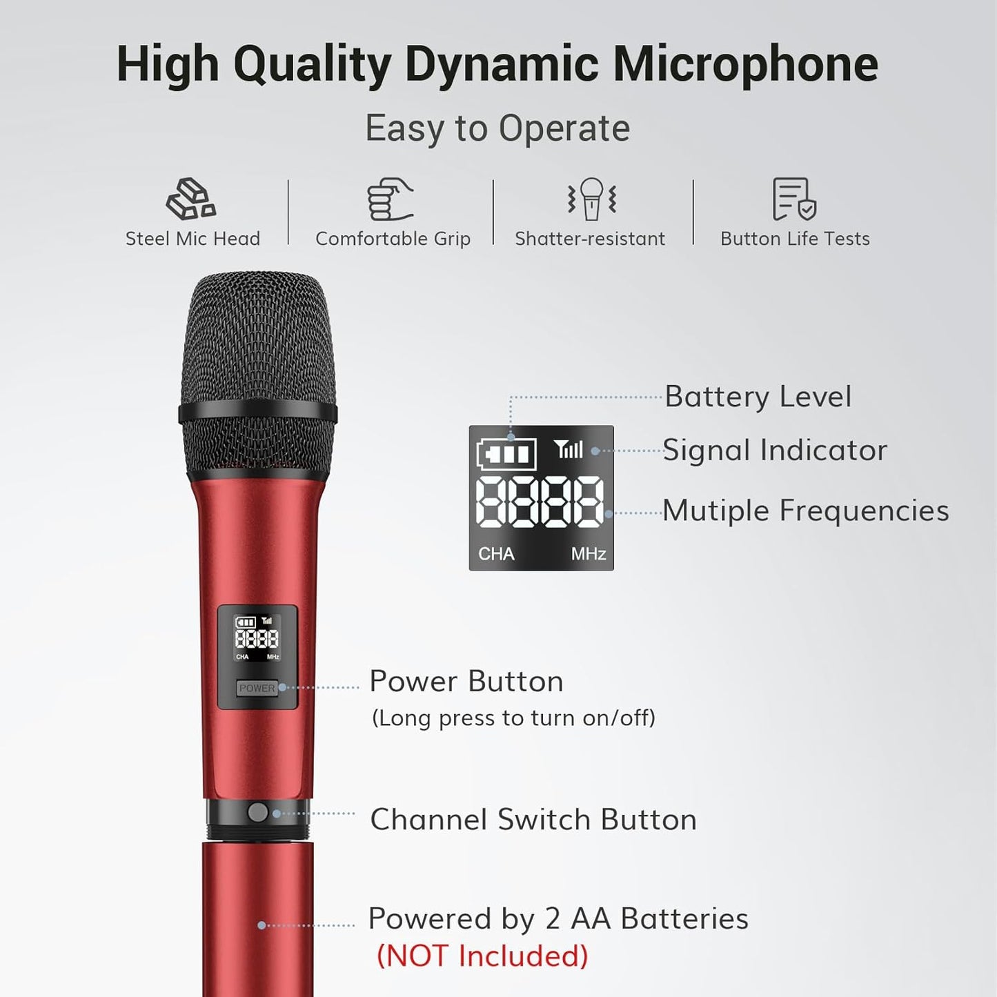 TONOR TW450 Karaoke Microphones Systems, UHF Dual Adjustable Channel Microphone Kit, Metal Handheld Dynamic Mic with Receiver for Karaoke, Church, Singing, DJ, PA, Grey&Red