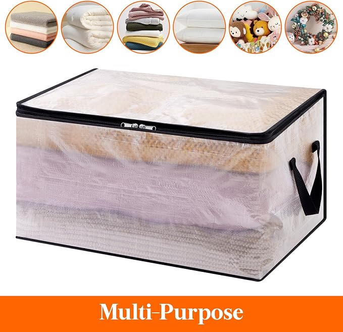 4 Pack Plastic Clothes Storage Bags, 60L Foldable Storage Containers Closet Organizers and Storage Moving Bags with Sturdy Zipper Lids Reinforced Handle for Bedding, Blanket, Comforter