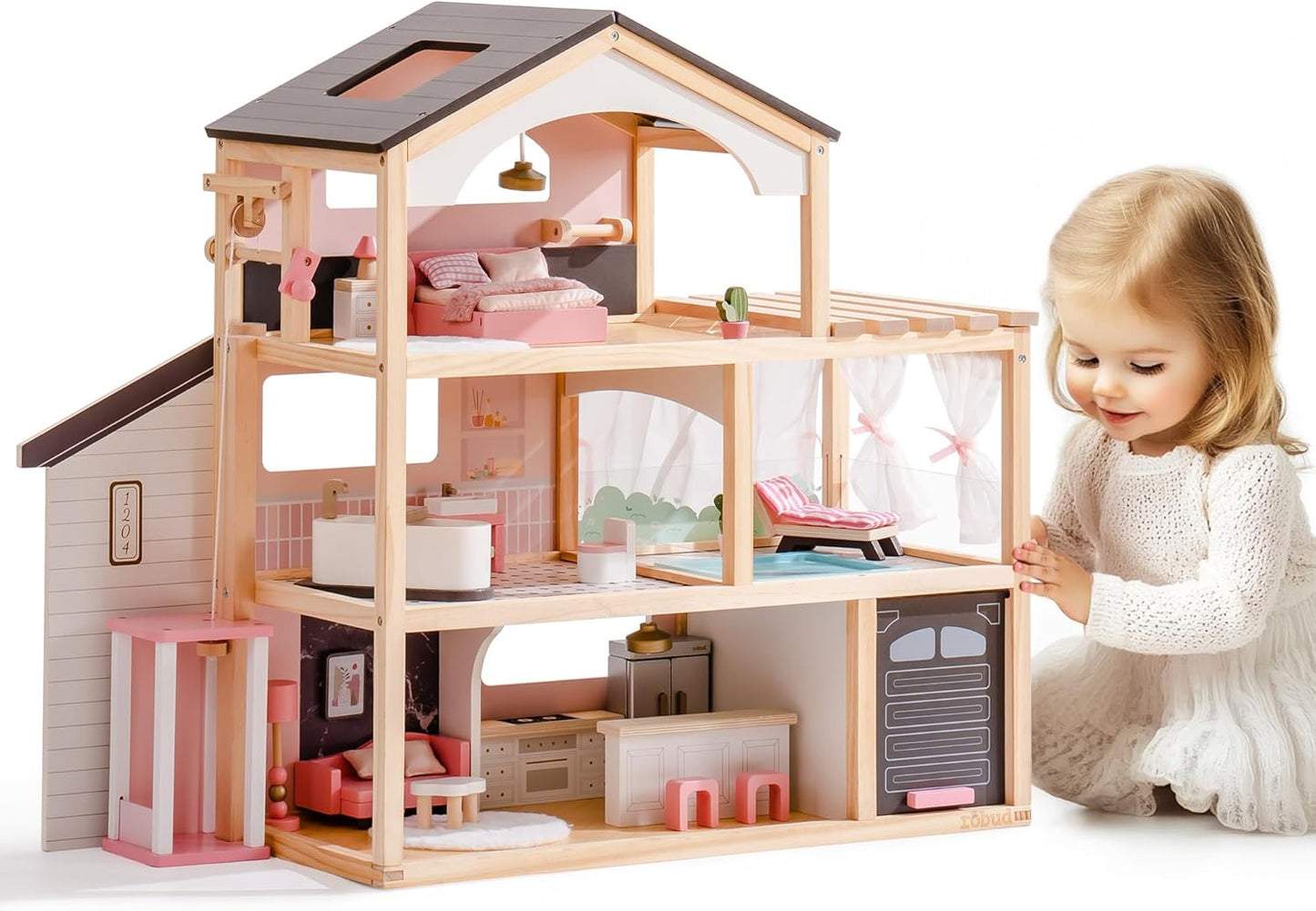 ROBUD Wooden Dollhouse, 6 Rooms Wooden Doll House with 29Pcs Furniture Set, Working Elevator, Garage, Swimming Pool, Ideal Gift for Kids Ages 3+ (Black)