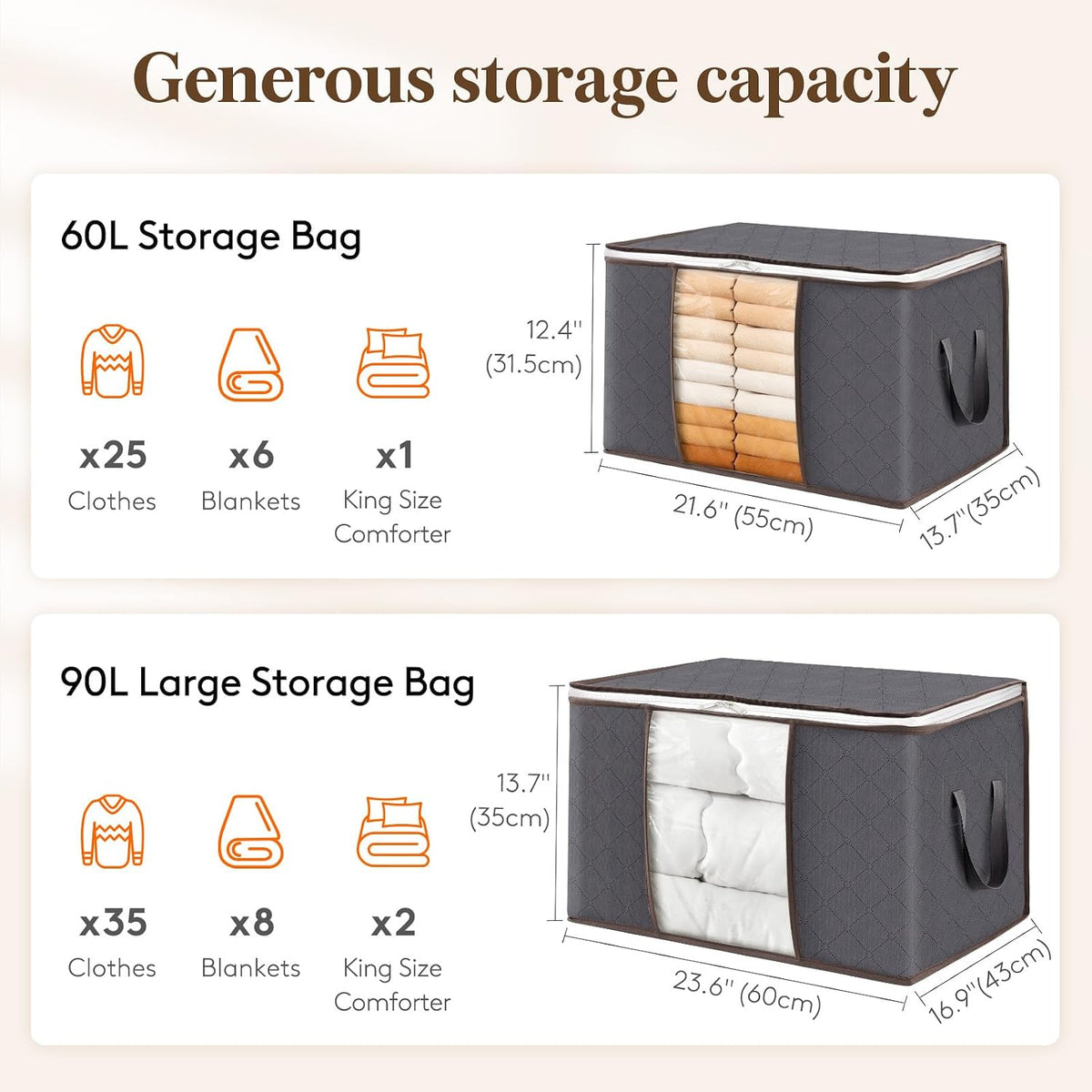 10 Pack,Grey，90L Large Capacity Clothes Storage Bag Organizer with Reinforced Handle Thick Fabric for Comforters, Blankets, Bedding, Foldable with Sturdy Zipper, Clear Window, 10 Pack,Grey