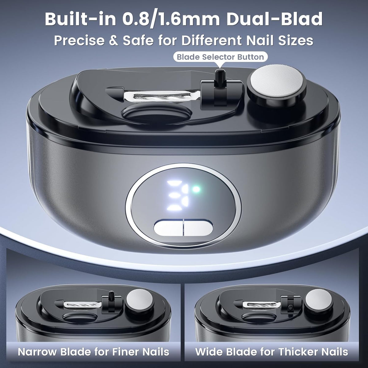 Electric Nail Clipper, 2 in1 Smart Toenail Clippers with Polishing for Fingers and Toes, Rechargeable Fingernail Trimmer with 3 Adjustable Speeds for Senior Adults Men Caregivers(Gunmetal Grey)