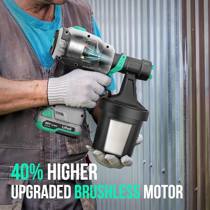 Litheli 20V Brushless Cordless Paint Sprayer, 200W High Performance HVLP Spray Gun with 1000ml/min Flow Rate, 3.12lbs Lightweight Power Painter with 2.0Ah Battery & 4 Nozzles for Walls, Fences, Decks