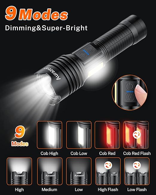 Aurazen Rechargeable Flashlights-High Lumens Flashlight, Super Bright led Flashlight with 7 Modes & COB Light, IP67 Waterproof Powerful Handheld Flash Light for Home, Camping, Emergencies