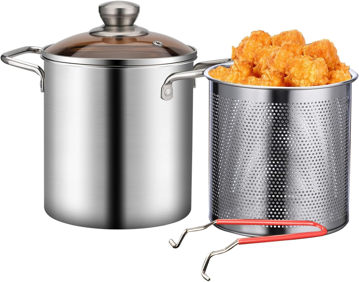Deep Fryer Pot, 3.2QT 304 Stainless Steel Deep Fryer with Basket, Oil Strainer Pot Fish Fryers Outdoor Cooking Pot Deep Frying Pot w Strainer Basket and Handle for Frying Seafood Chicken French Fries