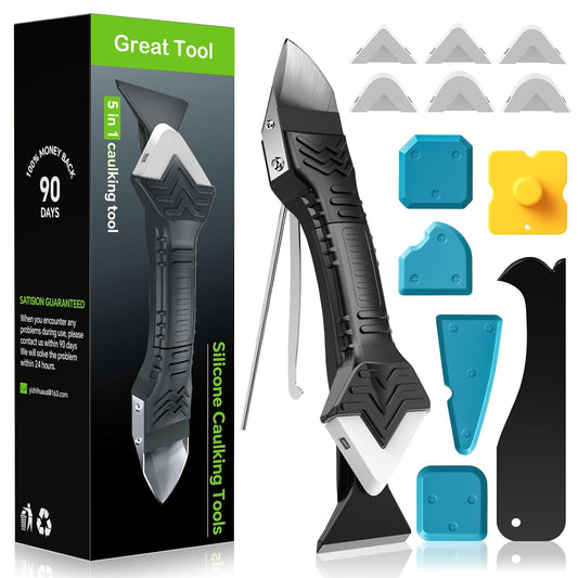 5-in-1 Silicone Caulking Tool with Grout Scraper, 6 Exchangeable Silicone Pads