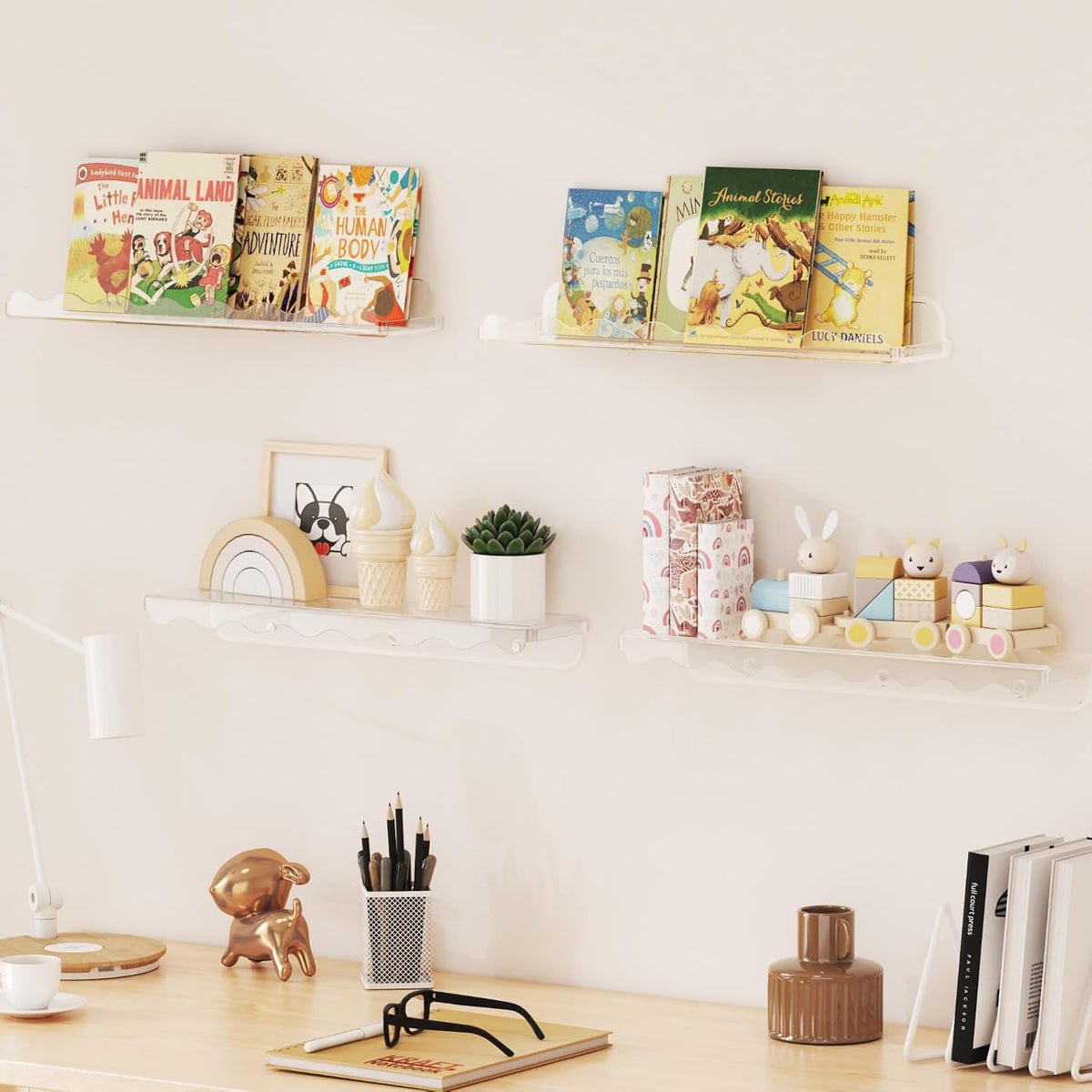 Kids Bookshelf 4 Pack, 15" Floating Shelves for Wall Mounted, Clear Nursery Book Toy Hanging Racks for Baby/Toddler/Children in Bedroom, Living Room Decor