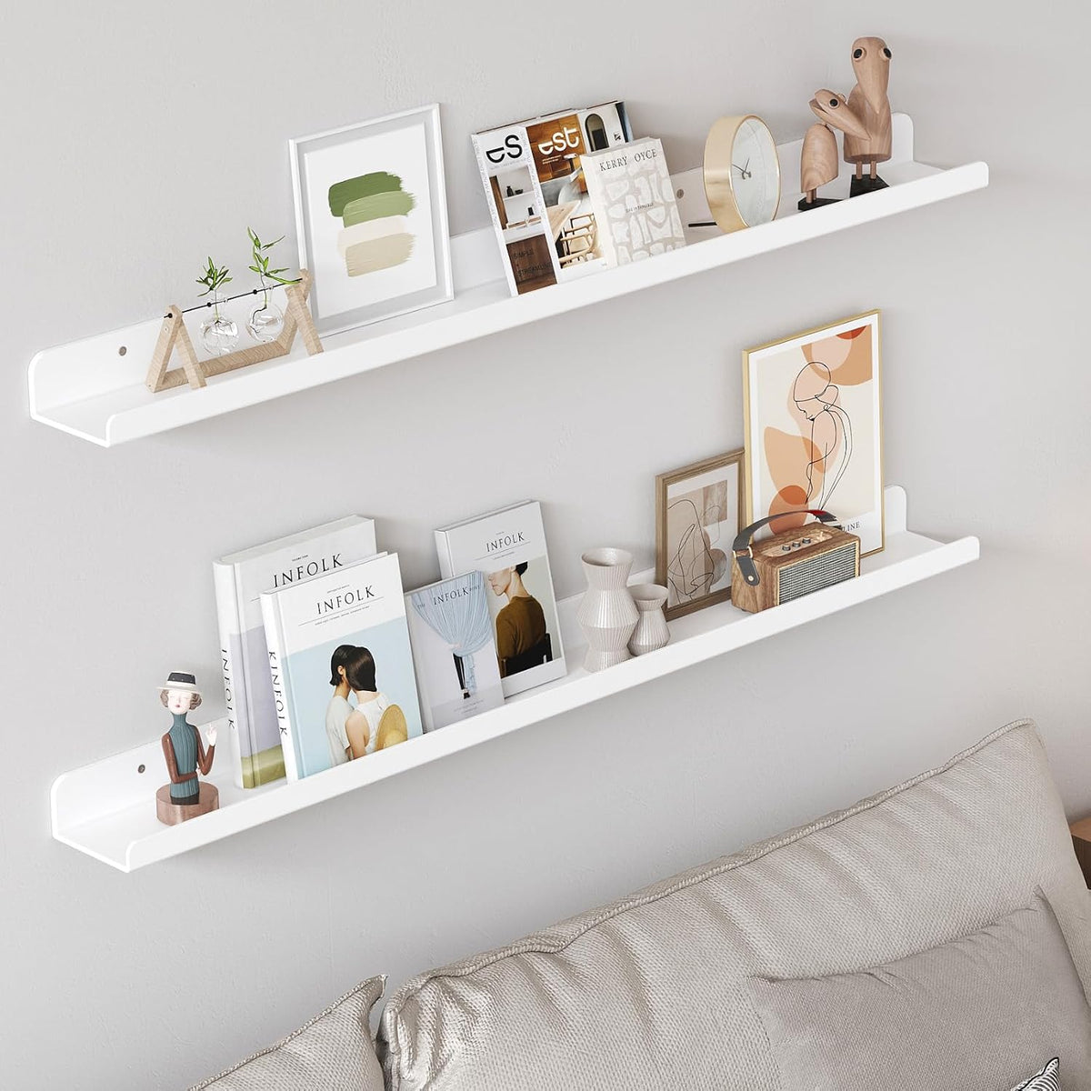 Floating Book Shelves 36", 4 Pack White Acrylic Hanging Racks for Wall Mounted for Photos/Makeup/Skincare/Condiments/Figures in Bathroom, Bedroom, Kitchen, Living Room Decor