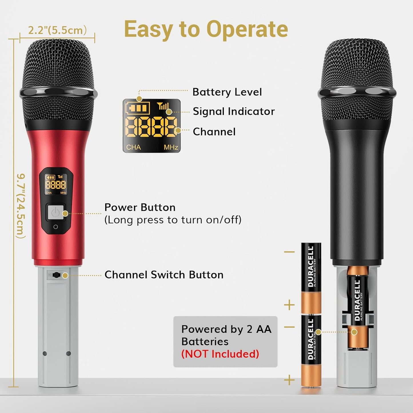 TONOR TW820 Wireless Microphone System, Professional Metal Cordless Karaoke Microphones, Handheld Dynamic Mic Set with Receiver for Party, Meeting, KTV, Church, DJ, Wedding, Singing, 200ft,  Black&Red