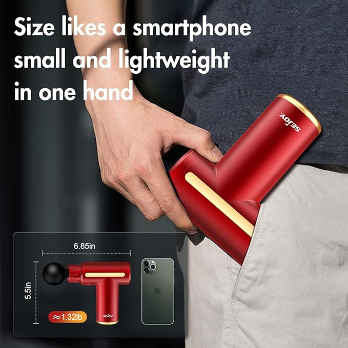 Sejoy迷你按摩枪，口袋型深层组织按摩枪，便携式冲击式肌肉按摩枪，超小型静音肌肉按摩枪，USB充电 - 适用于家庭、健身房和户外（红色） 