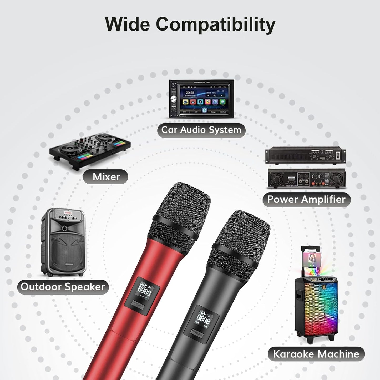 TONOR TW450 Karaoke Microphones Systems, UHF Dual Adjustable Channel Microphone Kit, Metal Handheld Dynamic Mic with Receiver for Karaoke, Church, Singing, DJ, PA, Grey&Red