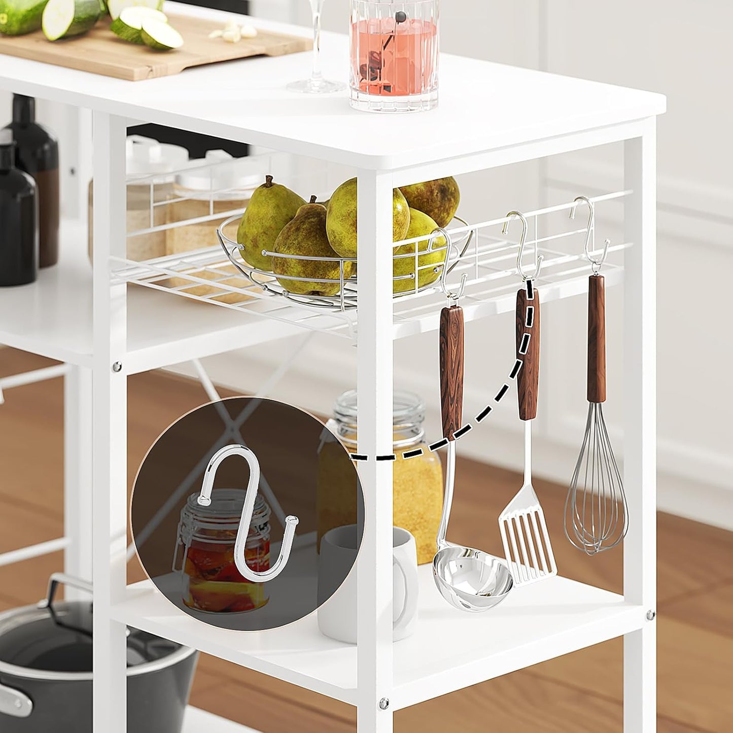SDHYL Kitchen Storage Islands 3 Tier, 35 inch Bakers Rack Microwave Stand with 5 Storage Shelves Hanging Hooks, Kitchen Shelves Organizers Bakers Racks with Movable Basket, White