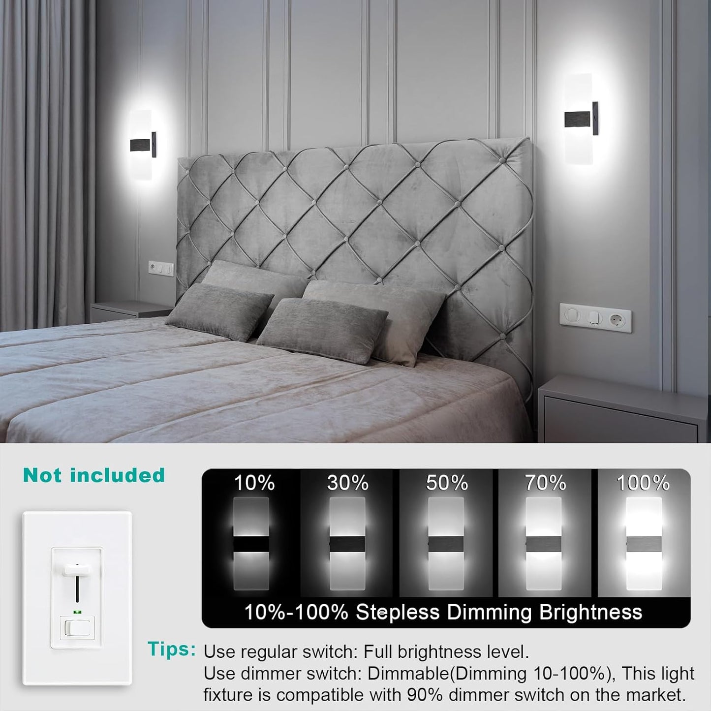 TRLIFE Dimmable LED Wall Sconces, 4 Color Temperature Modern Wall Sconce 12W Dimmable Wall Lights Set of 2 Wall Mounted Light for Bedroom Bedside Hallway Living Room Stairway(2 Pack, Black)