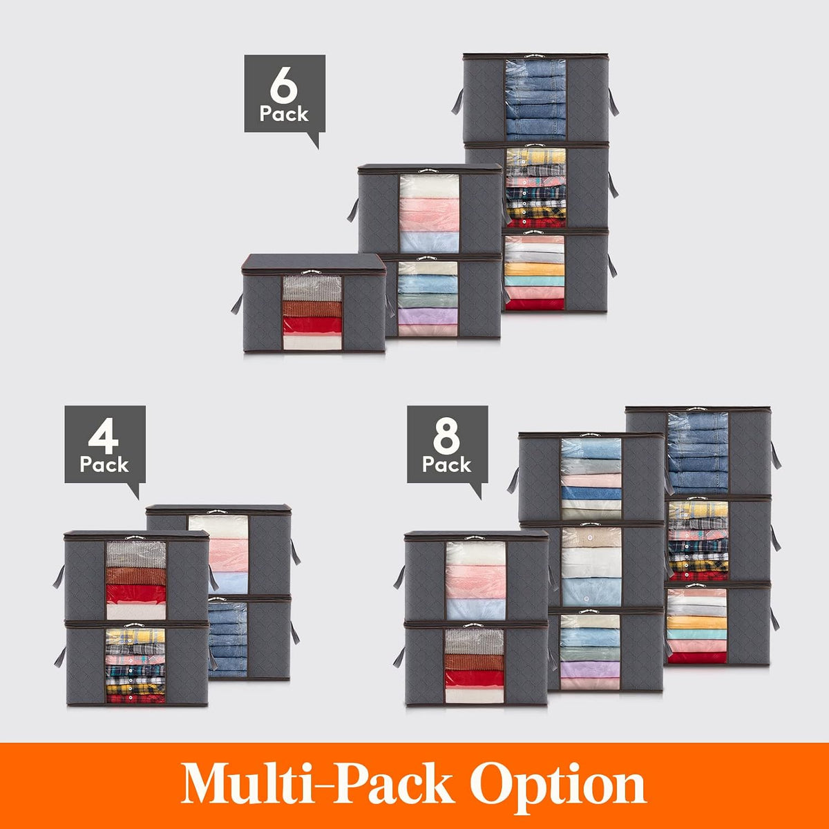 4 Pack Clothes Storage Bag, Foldable Storage Bins for Clothes, Blankets, Fabric Wardrobe Closet Organizers with Reinforced Handle, Sturdy Zipper, Moving Bags With Clear Window, Grey