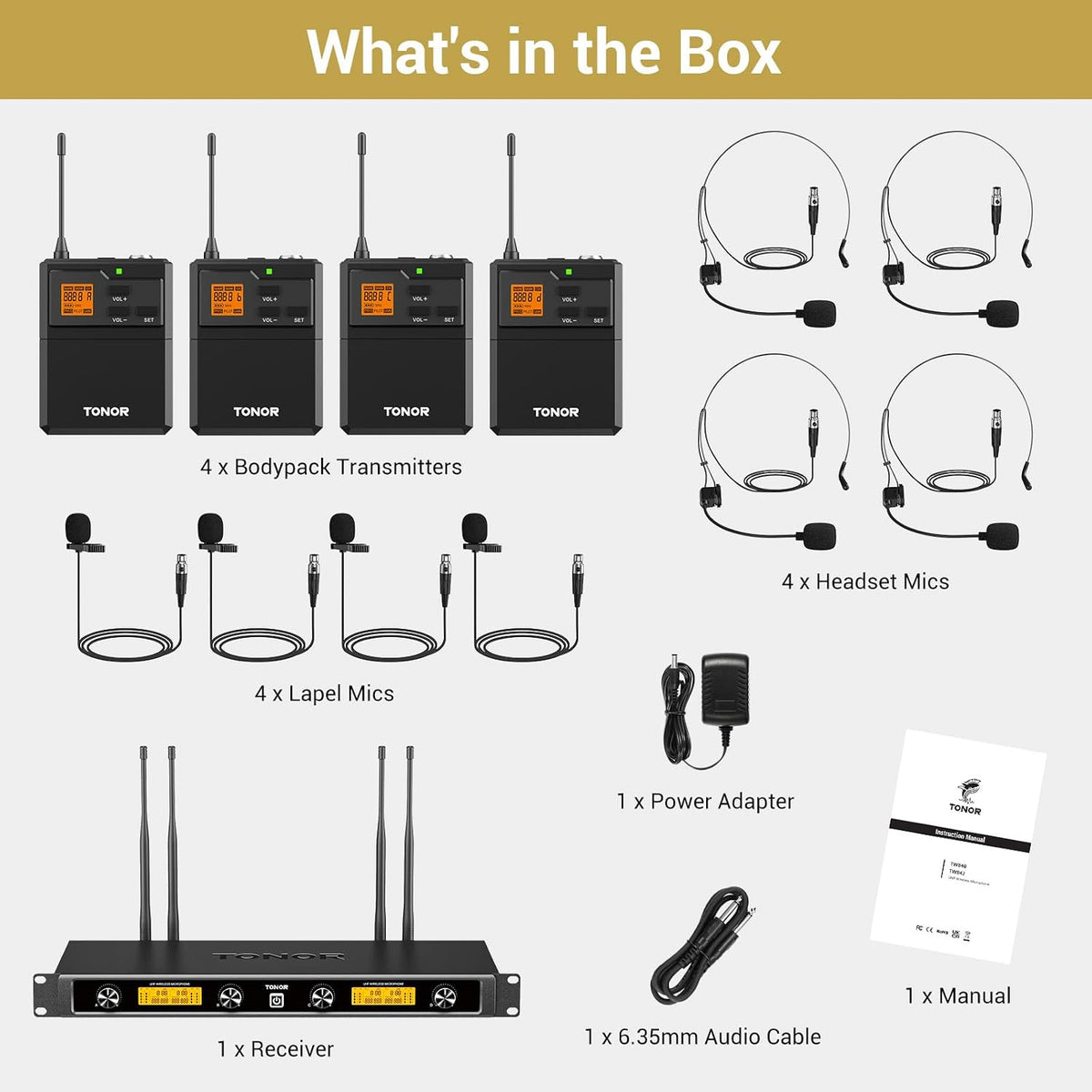 TONOR UHF Wireless Microphones System with Bodypack Transmitter, Headset/Lavalier Lapel Mics, Receiver, 4 * 10 Channels, 295ft Range for Karaoke, Singing, Church, Party, PA Speaker Mixer Recording