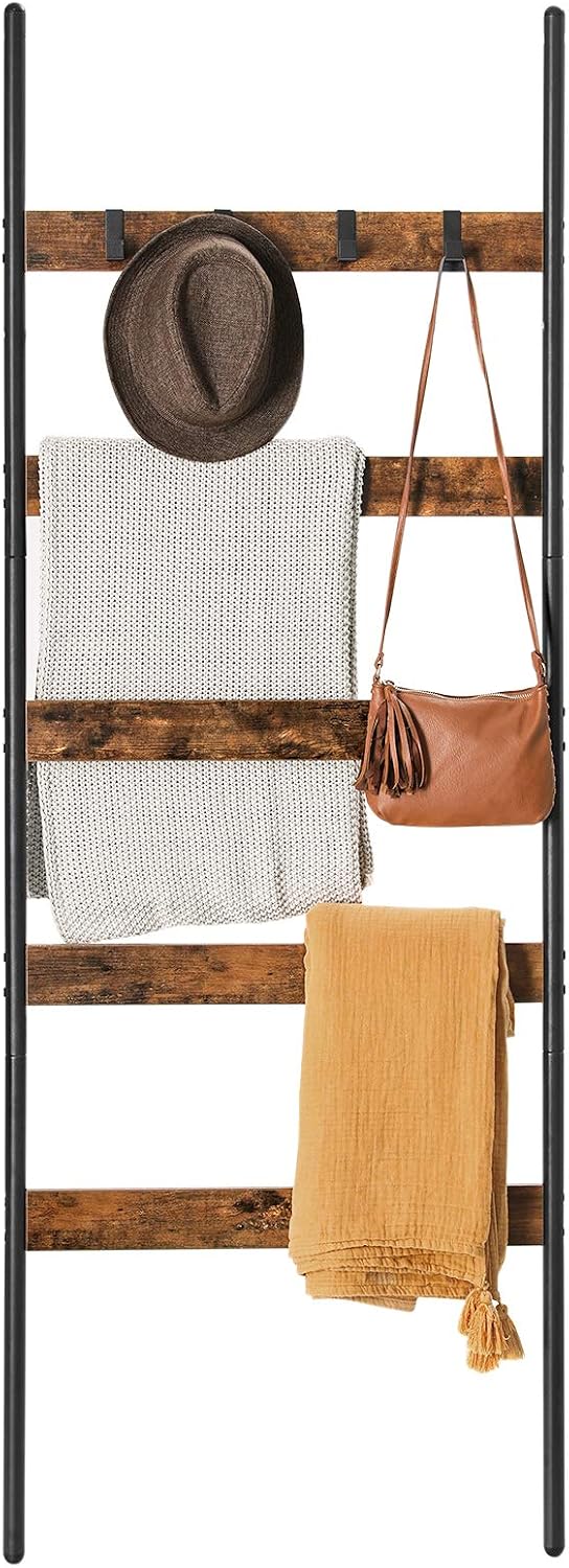 5-Tier Blanket Ladder Shelf, Wall-Leaning Rack with 4 Hooks, Rustic Brown