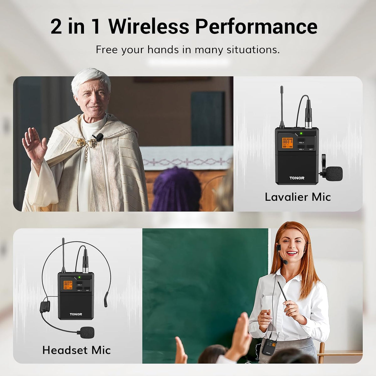 TONOR UHF Wireless Microphones System with Bodypack Transmitter, Headset/Lavalier Lapel Mics, Receiver, 4 * 10 Channels, 295ft Range for Karaoke, Singing, Church, Party, PA Speaker Mixer Recording