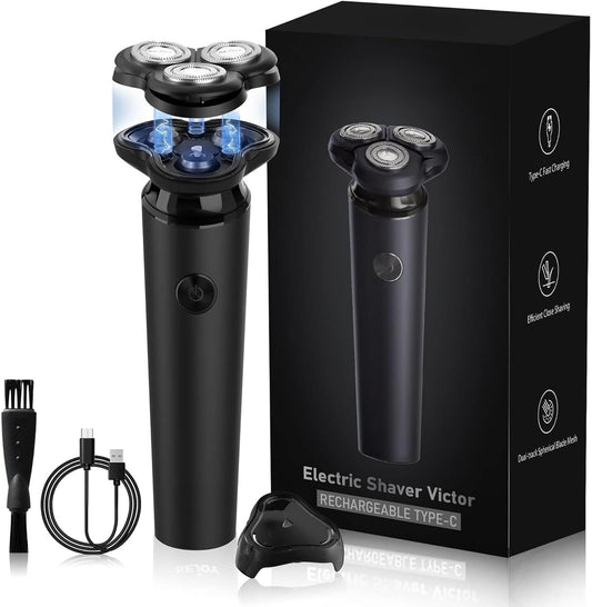 Electric Rotary Shaver for Men Magnetic Cutter Head, 3D Floating Blades, Anti-Pinch System, Type-C Fast Charging, Low-Noise, Ergonomic Handle Daily Beard & Facial Shaving Model Victor