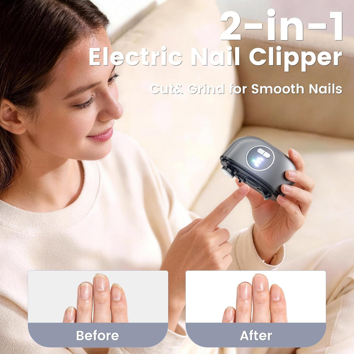 Electric Nail Clipper, 2 in1 Smart Toenail Clippers with Polishing for Fingers and Toes, Rechargeable Fingernail Trimmer with 3 Adjustable Speeds for Senior Adults Men Caregivers(Gunmetal Grey)