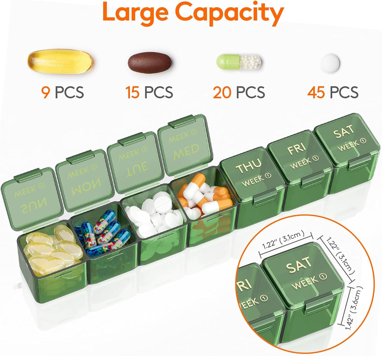 Lifewit Monthly Pill Organizer, 28 Day Personal Pill Dispenser, 4 Weeks/One Month Pill Box,Pillulier Cases,Large Compartments Medicine Organizer for Vitamins/Fish Oils/Supplements, 28 grids, Green