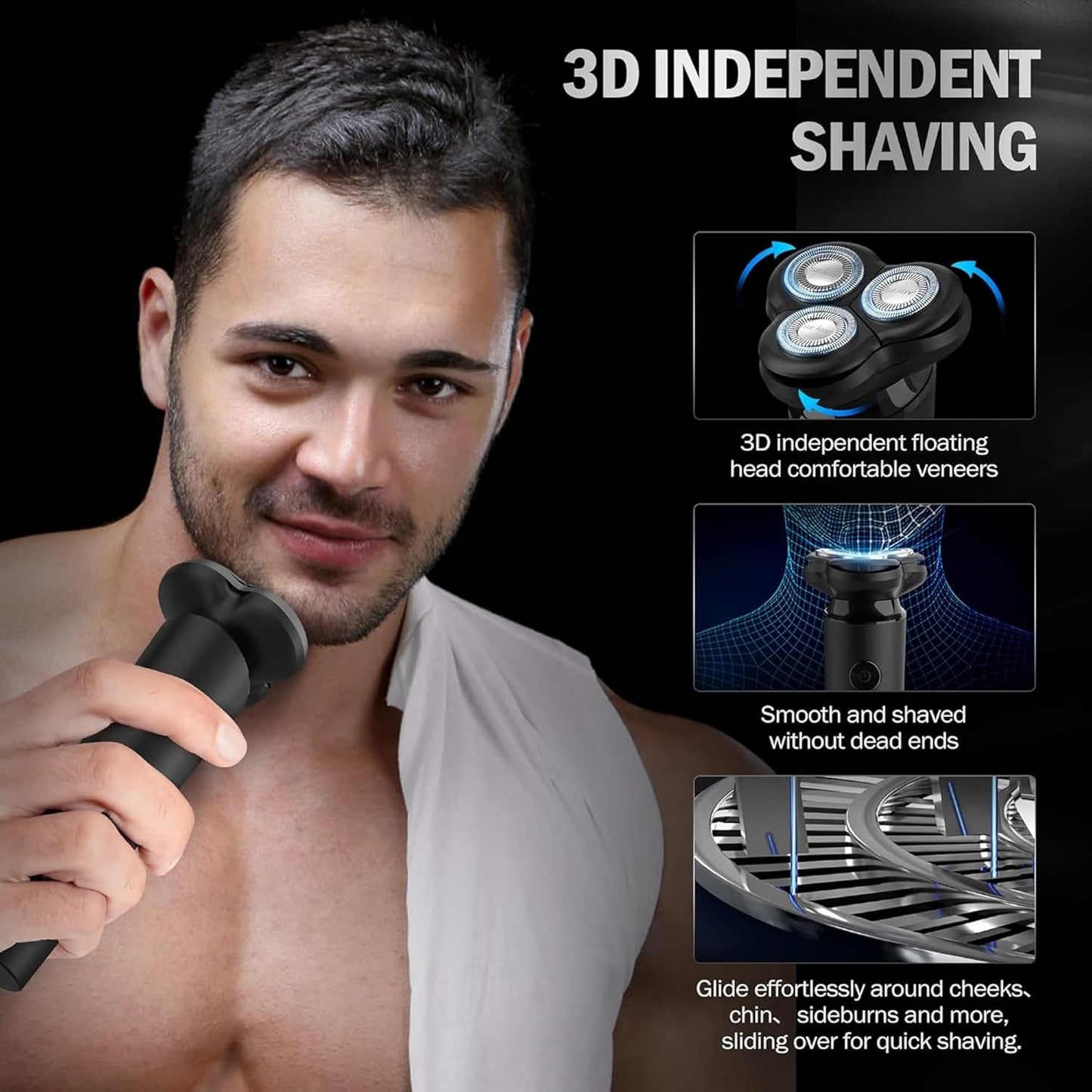 Electric Rotary Shaver for Men Magnetic Cutter Head, 3D Floating Blades, Anti-Pinch System, Type-C Fast Charging, Low-Noise, Ergonomic Handle Daily Beard & Facial Shaving Model Victor