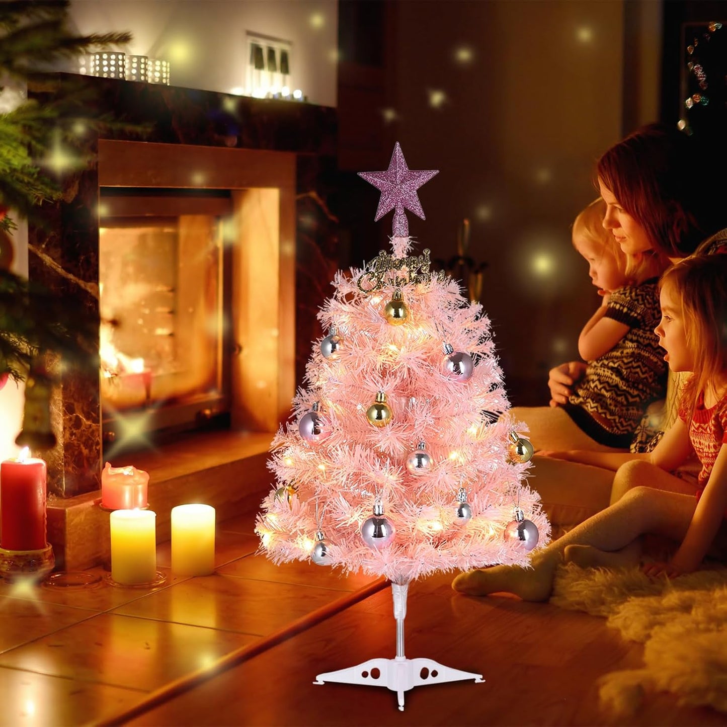 Mini Pink Christmas Tree, 24” Artificial Tabletop Christmas Tree with Lights & Hanging Ornaments, Small Desktop Xmas Tree for Party Supplies Home Indoor Decoration