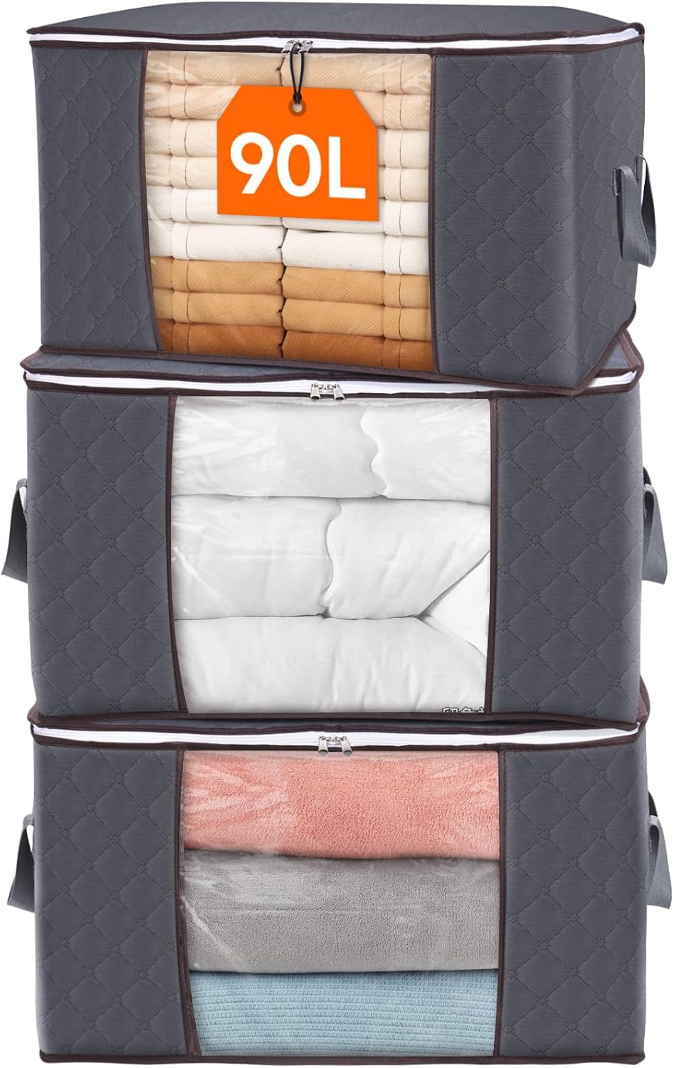 3 Pack, 90L , Large Capacity Clothes Storage Bag Organizer with Reinforced Handle Thick Fabric for Comforters, Blankets, Bedding, Foldable with Sturdy Zipper, Clear Window