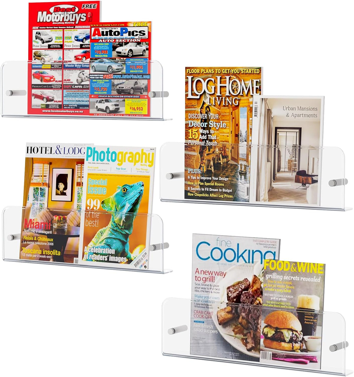 Magazine Rack Wall Mounted, 4 Pack 15" Nursery Bookshelf, Clear Acrylic Kids Floating Shelves Picture Hanging Racks for Baby/Toddler/Children in Bedroom, Living Room Decor