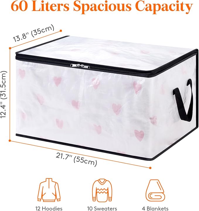 4 Pack Plastic Clothes Storage Bags, 60L Foldable Storage Containers Closet Organizers and Storage Moving Bags with Sturdy Zipper Lids Reinforced Handle for Bedding, Blanket, Comforter