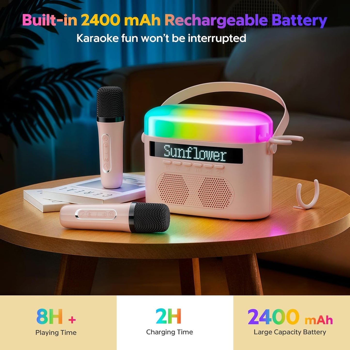 Karaoke Machine for Kids & Adults with 2 Wireless Mics 2400mAh Portable Bluetooth Karaoke Speaker with Timer White Noise & Night Light High Power Dual Speaker LED Display Home & Outdoor Party