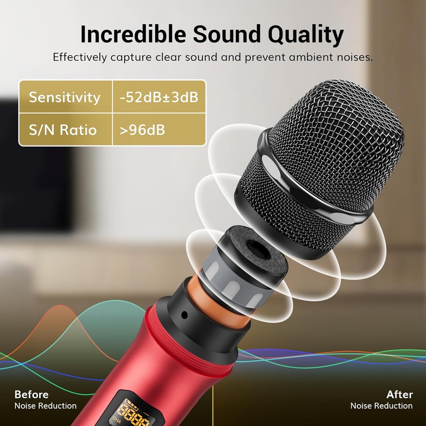 TONOR TW820 Wireless Microphone System, Professional Metal Cordless Karaoke Microphones, Handheld Dynamic Mic Set with Receiver for Party, Meeting, KTV, Church, DJ, Wedding, Singing, 200ft,  Black&Red