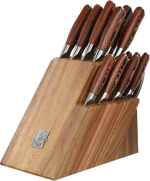 TUO 17 PCS Kitchen Knives Set - Kitchen Block Set with Steak Knife - German X50CrMov15 Steel Blade - Full Tang Pakkawood Handle - Gift Box Included - Fiery Series
