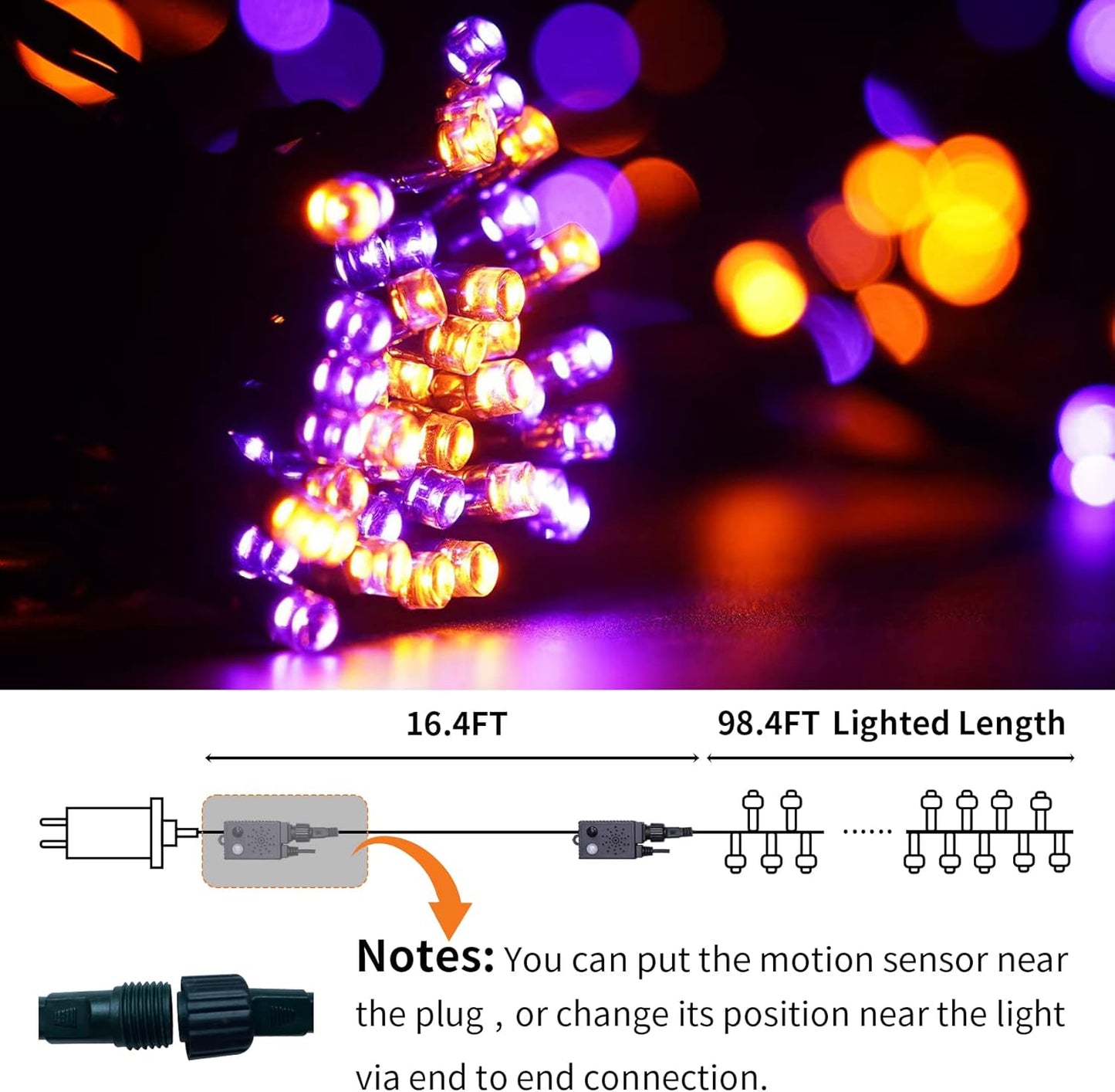 Halloween String Lights Outdoor with Music Sync Spooky Sounds 300 LED 114.8ft Indoor Fairy String Lights Waterproof Memory Function for Halloween Party Haunted House Decorations (Purple & Orange)