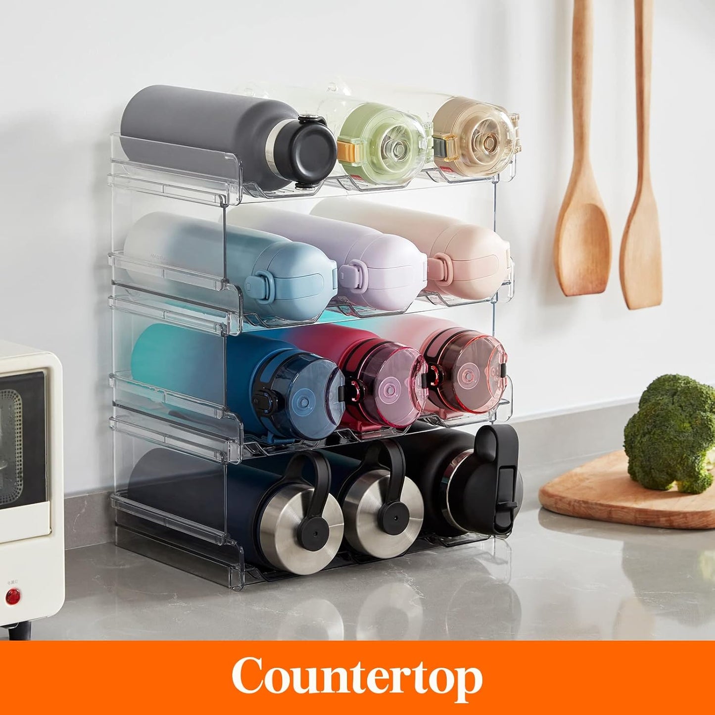Lifewit Stackable Water Bottle Organizer for Cabinet, Freezer, Pantry - Plastic Cup Holder, Wine Racks for Kitchen Tabletop Storage, Cupboard, Office - Pack of 4, Each Rack Holds 3 Containers
