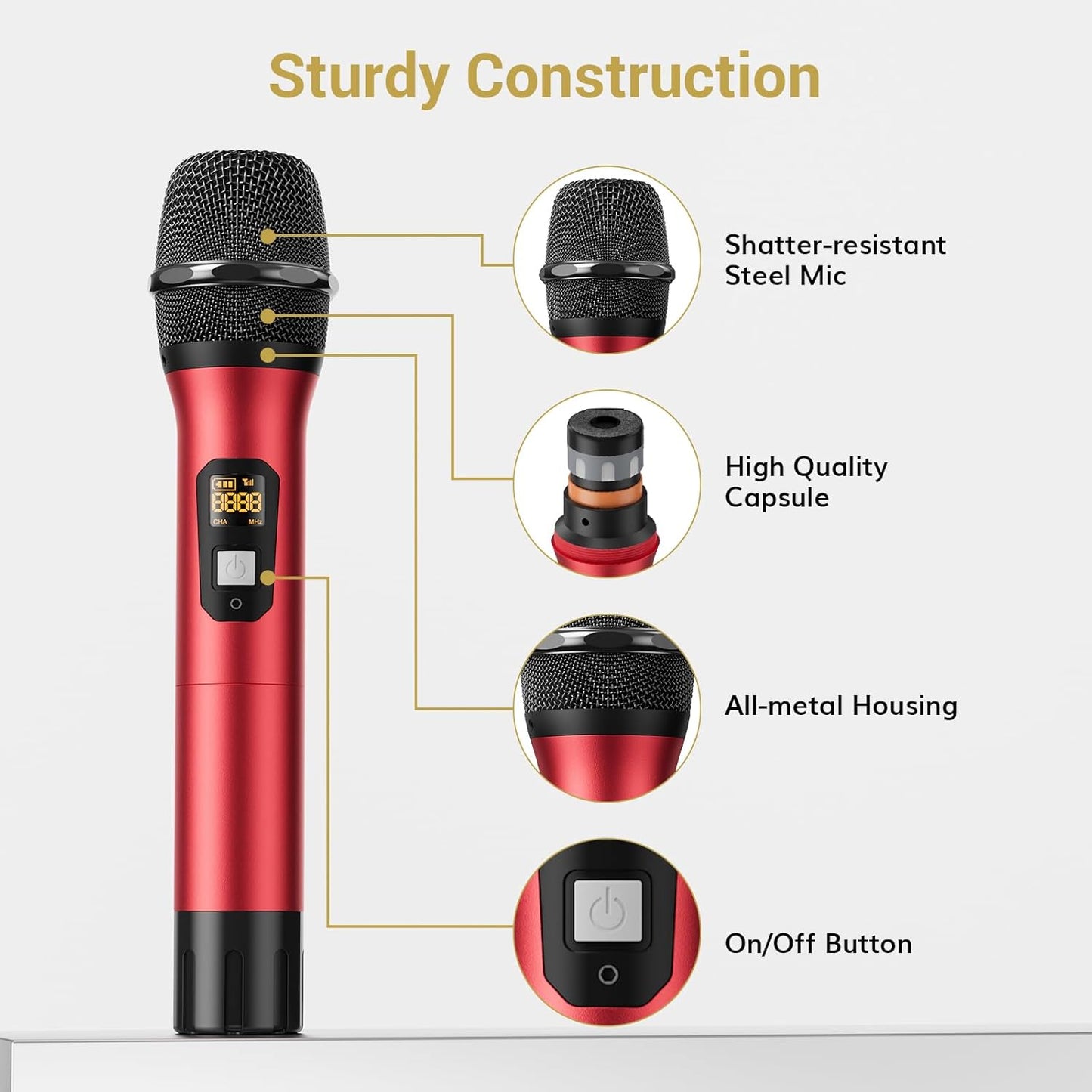 TONOR TW820 Wireless Microphone System, Professional Metal Cordless Karaoke Microphones, Handheld Dynamic Mic Set with Receiver for Party, Meeting, KTV, Church, DJ, Wedding, Singing, 200ft,  Black&Red