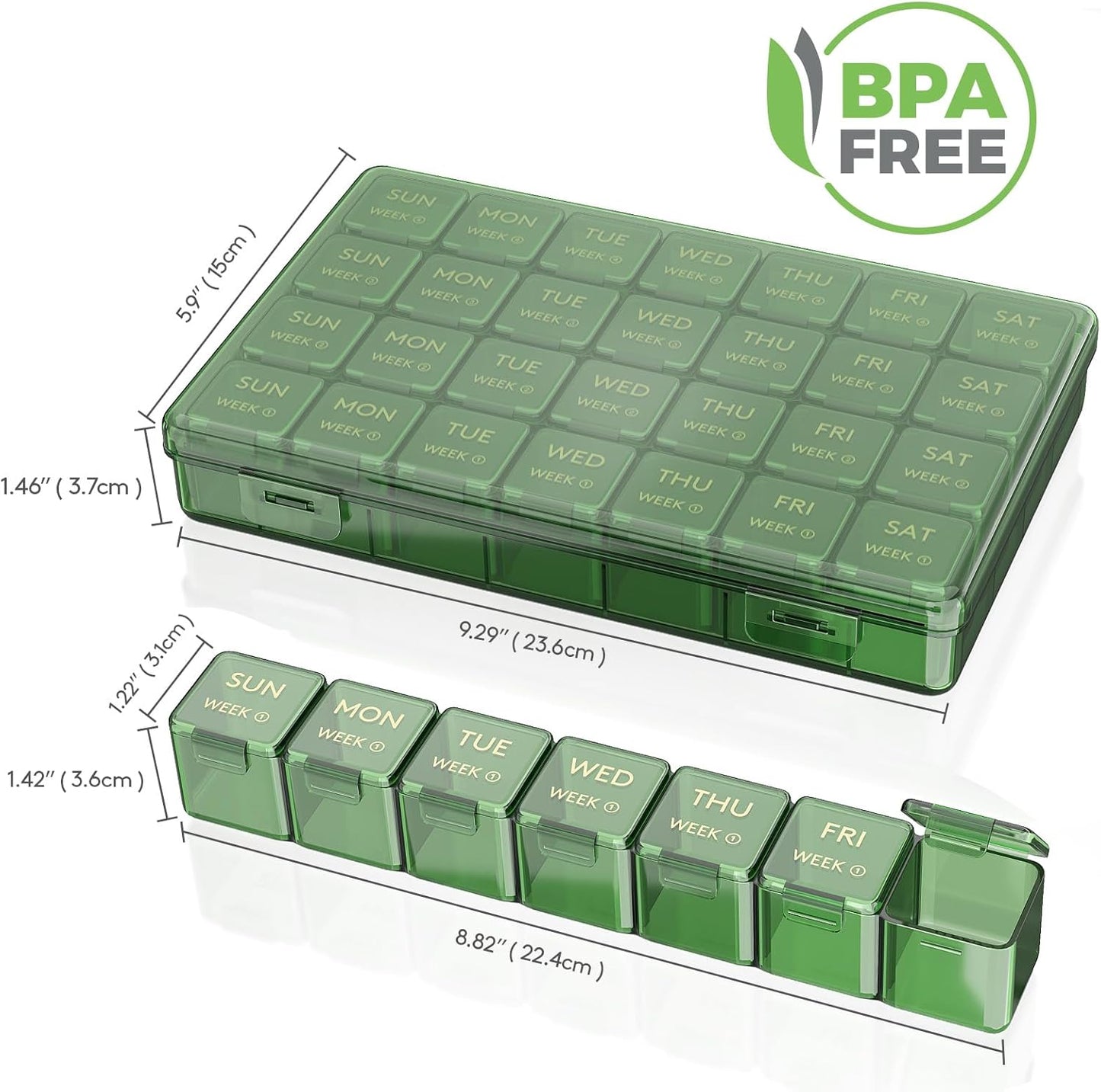 Lifewit Monthly Pill Organizer, 28 Day Personal Pill Dispenser, 4 Weeks/One Month Pill Box,Pillulier Cases,Large Compartments Medicine Organizer for Vitamins/Fish Oils/Supplements, 28 grids, Green