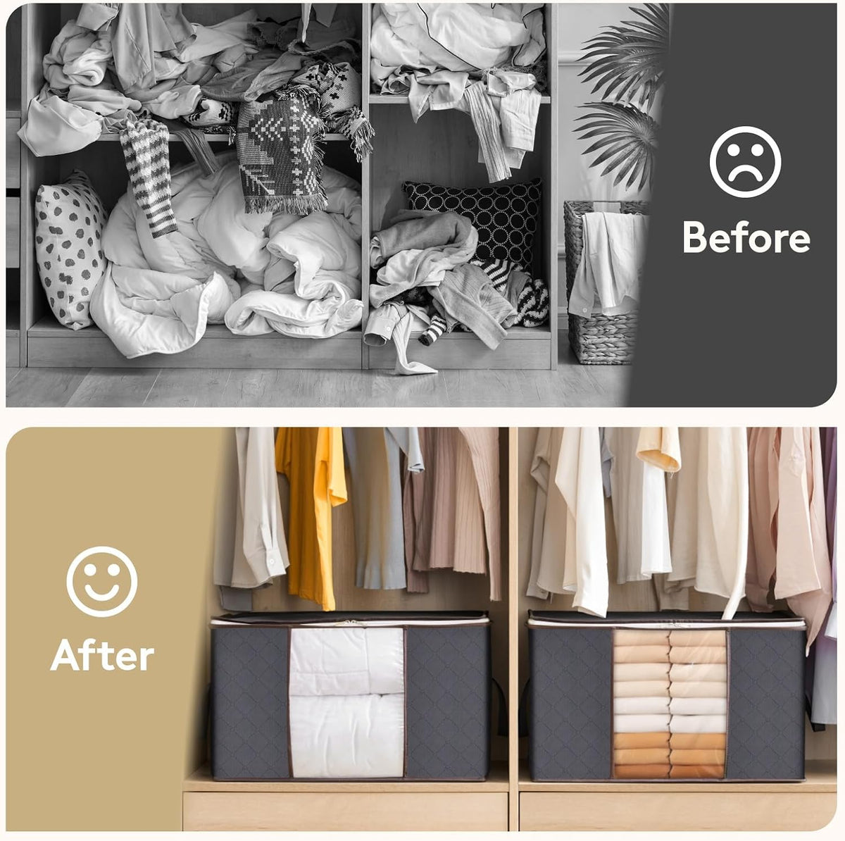 6 Pack, 90L Large Capacity Clothes Storage Bags Organizer with Reinforced Handle, Foldable Clothing Storage for Comforters, Blankets, Bedding, with Sturdy Zipper, Clear Window