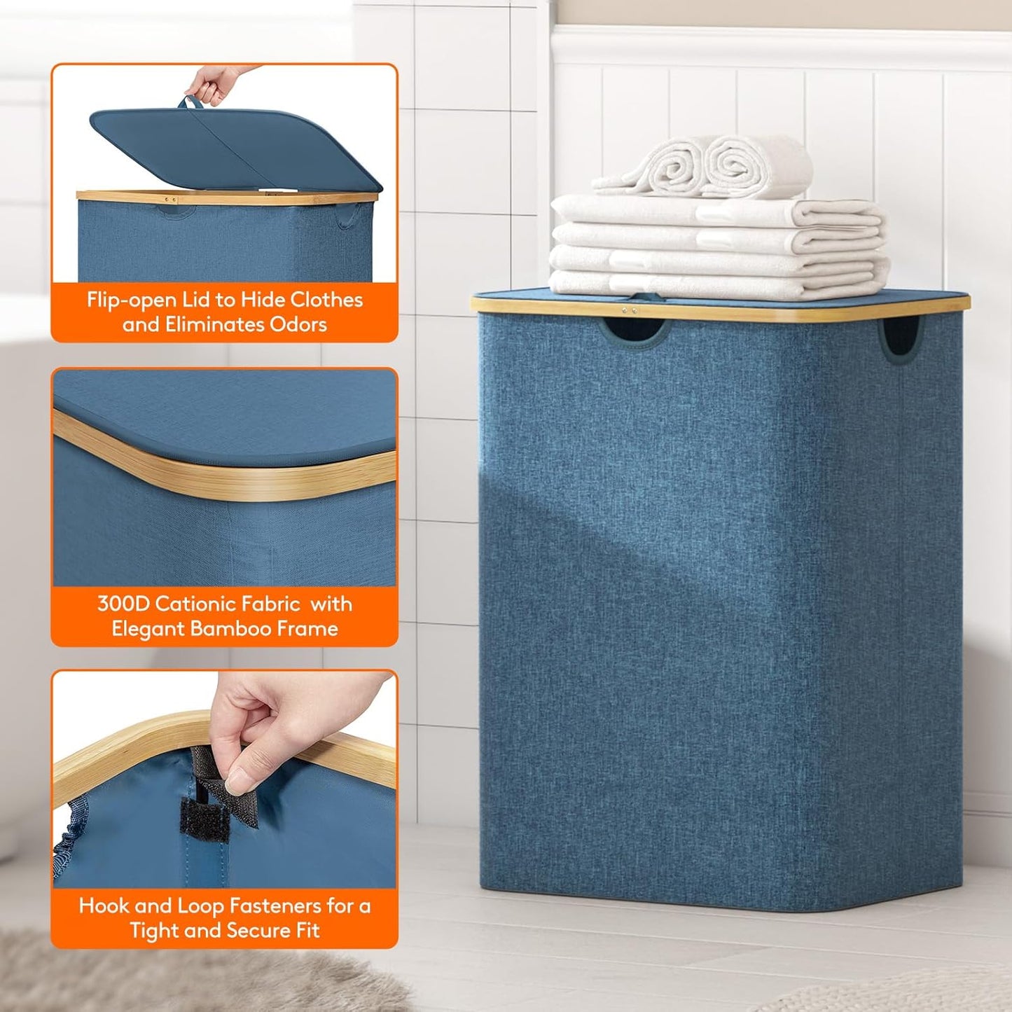 Lifewit 150L Laundry Basket with Lid 3 Section, Large Laundry Hamper with Bamboo Handles and Removable Laundry Bags, Clothes Hampers for Laundry for Bedroom, Bathroom, Dorm, Laundry Room, Dark blue