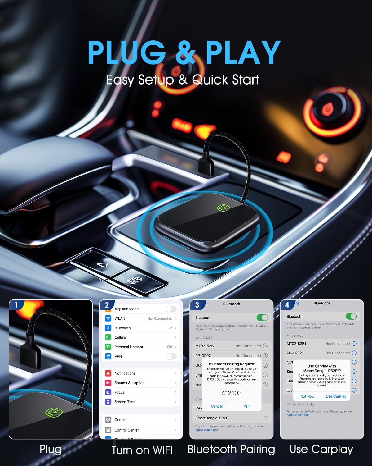 适用于苹果设备的无线 CarPlay 适配器 - 2025 升级版，无缝连接，将有线 CarPlay 适配器转换为无线 CarPlay 适配器，即插即用，无延迟，适用于 iPhone iOS 10+ 