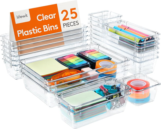 Lifewit Drawer Organizer, Clear Makeup Organizer, Plastic Desk Organizer and Storage for Makeup, Jewelries, Bedroom, Bathroom, 25 Packs