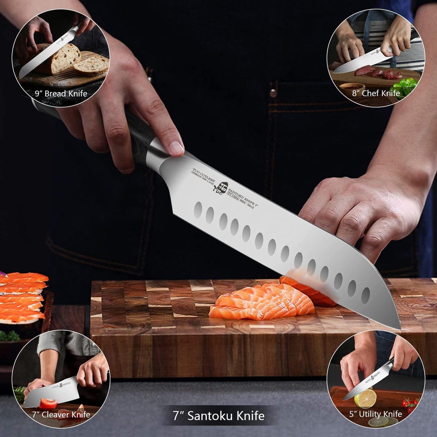 TUO 8 pcs Chef Knife Set,Knives Set for Kitchen,Professional Kitchen Knife Set,Knife Set with Sharpener, German Stainless Steel Pakkawood Handle Gift Box Cutlery, Fiery Phoenix Series - Black