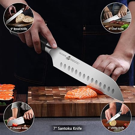 TUO 8 pcs Chef Knife Set,Knives Set for Kitchen,Professional Kitchen Knife Set,Knife Set with Sharpener, German Stainless Steel Pakkawood Handle Gift Box Cutlery, Fiery Phoenix Series - Black