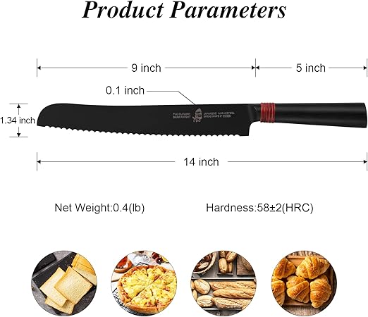 TUO Serrated Bread Knife 9" - Super Sharp Carving Knife Black - HC Japanese AUS-8 Stainless Steel - Comfortable Pakkawood Handle with Sheath & Luxurious Gift Box - Dark Knight Series