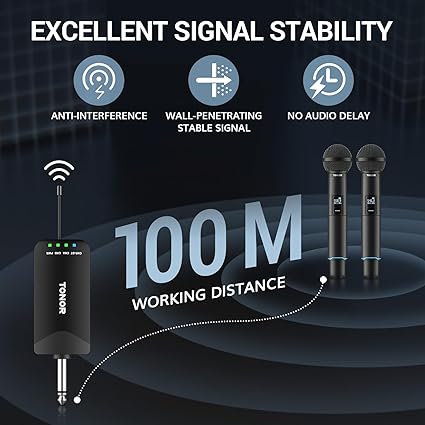 TONOR TW720 Rechargeable Karaoke Microphones, Metal Professional Dynamic Microphone System with Receiver, UHF Dual Channel Handheld Cordless Microphone for Wedding, Karaoke, Church, Singing, DJ, Black