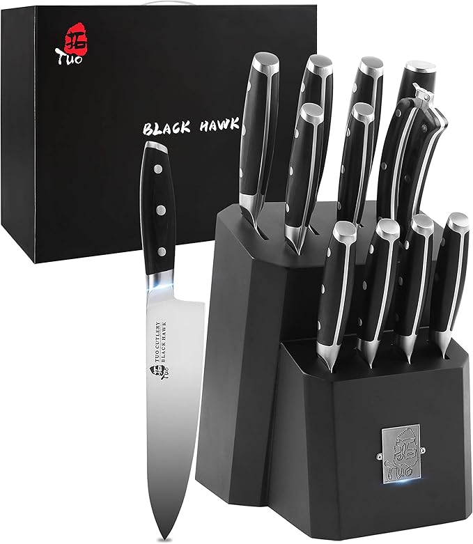 TUO Kitchen Knife Set - 12 Pcs Knife Set with Wooden Block - Premium Forged German Stainless Steel, Ergonomic Pakkawood Handle - Black Hawk Series with Gift Box