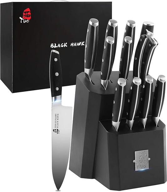 TUO Kitchen Knife Set - 12 Pcs Knife Set with Wooden Block - Premium Forged German Stainless Steel, Ergonomic Pakkawood Handle - Black Hawk Series with Gift Box